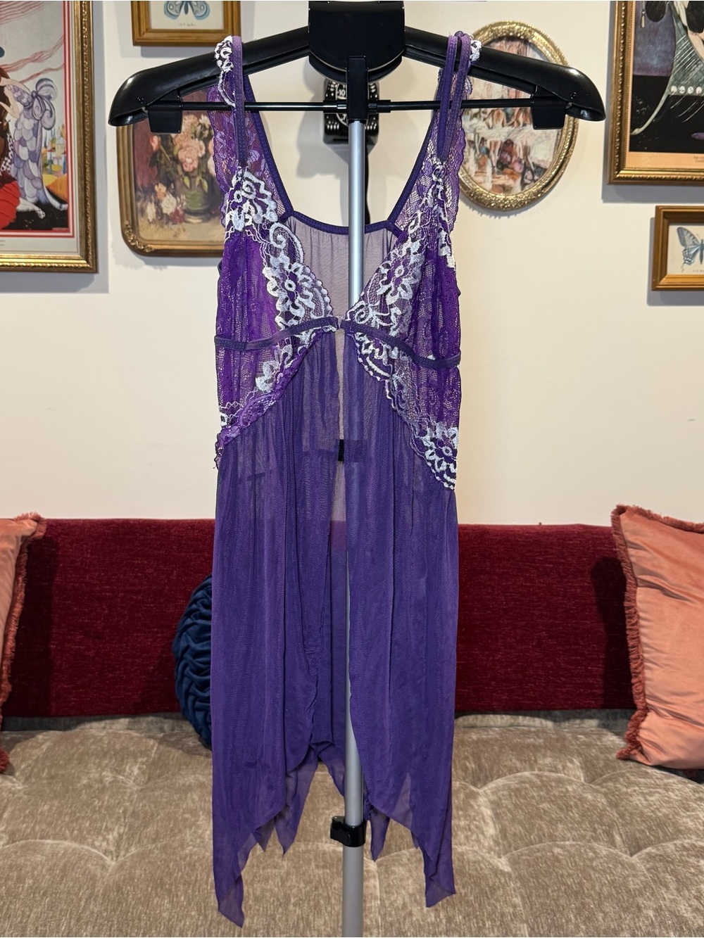 Sheer Purple Lace Trim Mesh Chemise Nightie